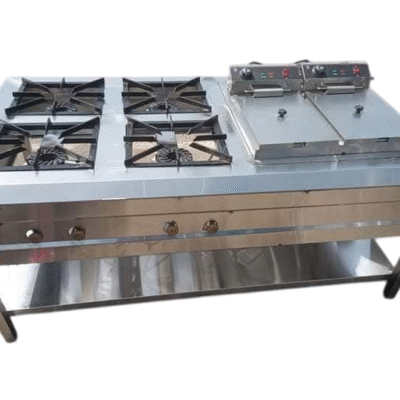 Combined Cooking Station – 4-Burner LPG Stainless Steel Cooker with Imported Double Electric Fryer