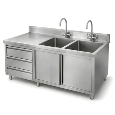 Stainless Steel Cabinet with Double Sink, Drawers & Sliding Doors – Commercial Kitchen Workstation